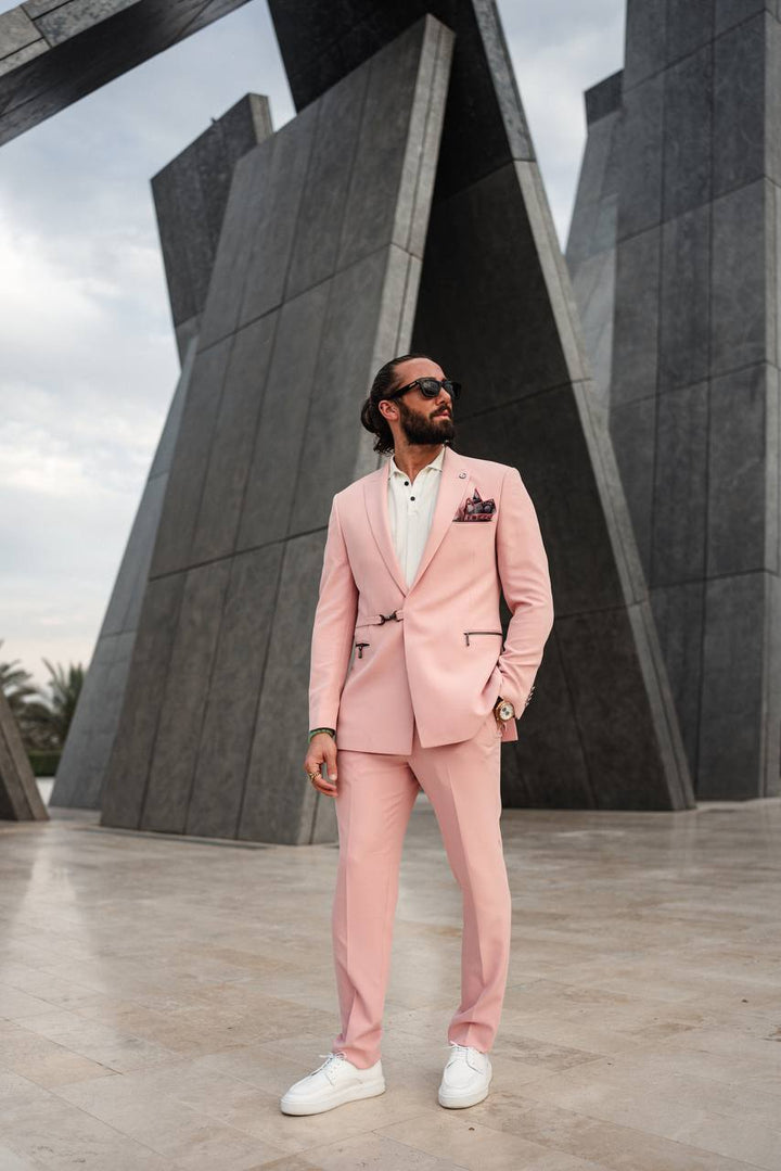 Casual Suit Set-Statement Zipper Pockets- Pink