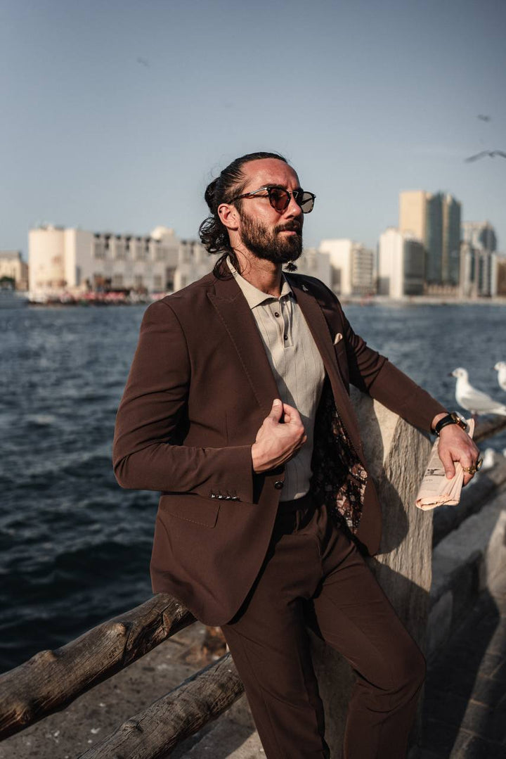 Detailed Mono Collar Statement Suit- Brown Luxe
