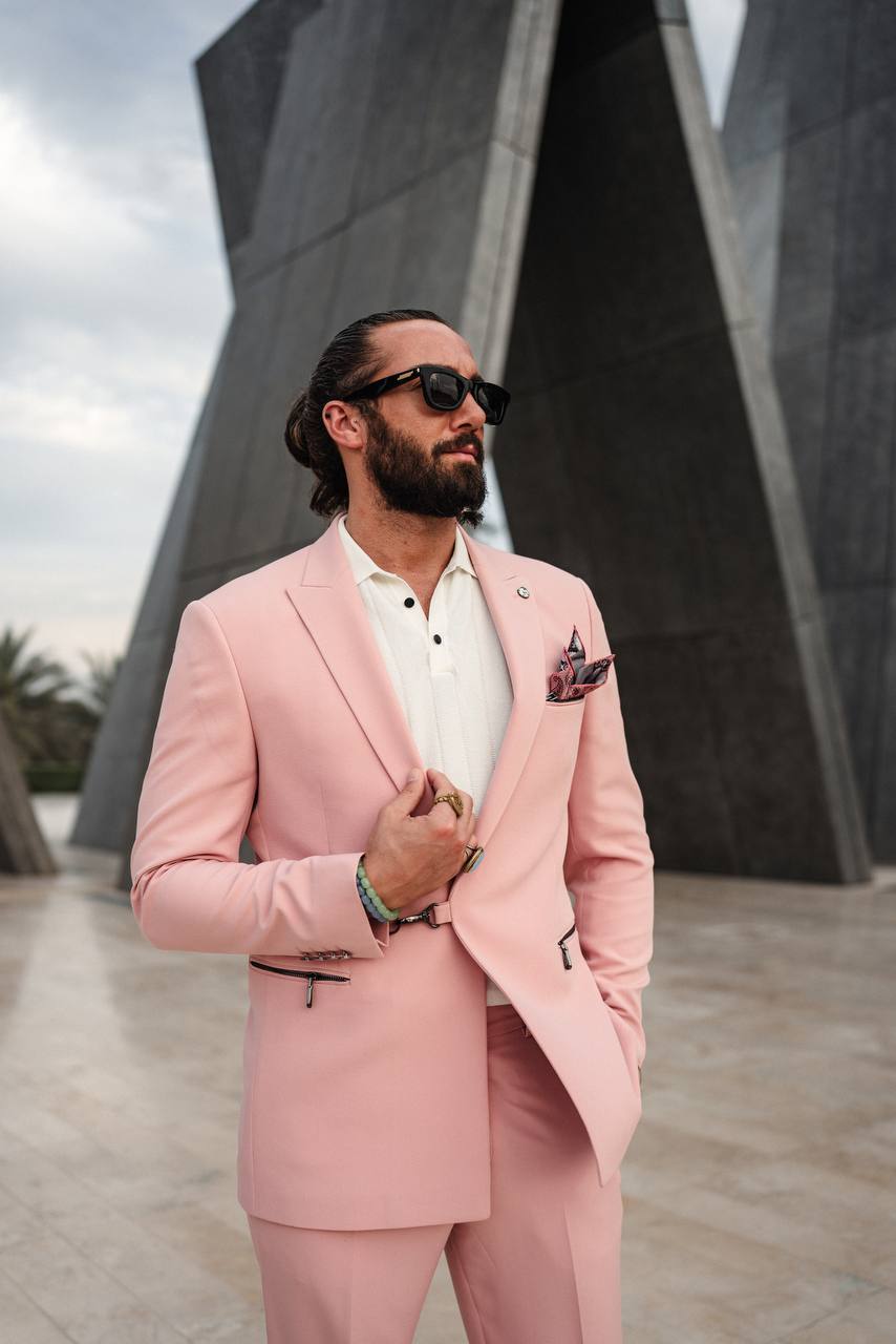 Casual Suit Set-Statement Zipper Pockets- Pink