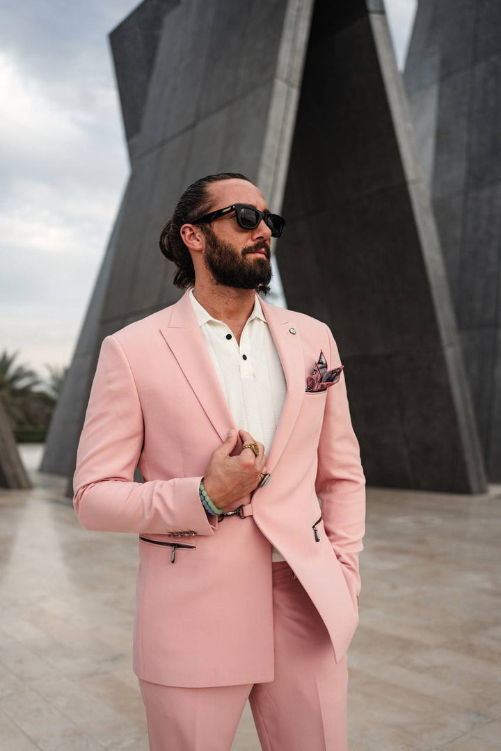 Casual Suit Set-Statement Zipper Pockets- Pink