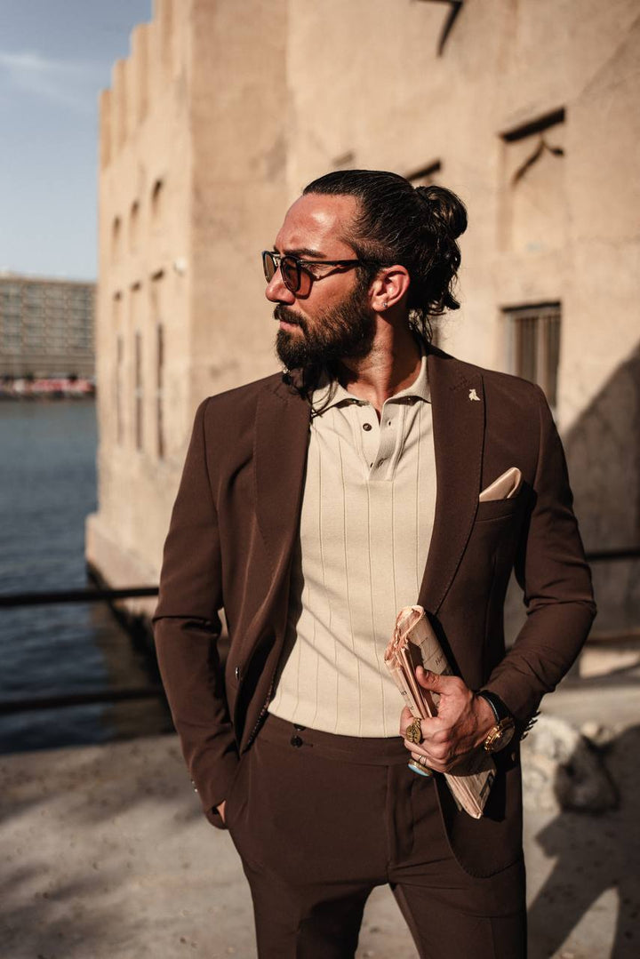 Detailed Mono Collar Statement Suit- Brown Luxe