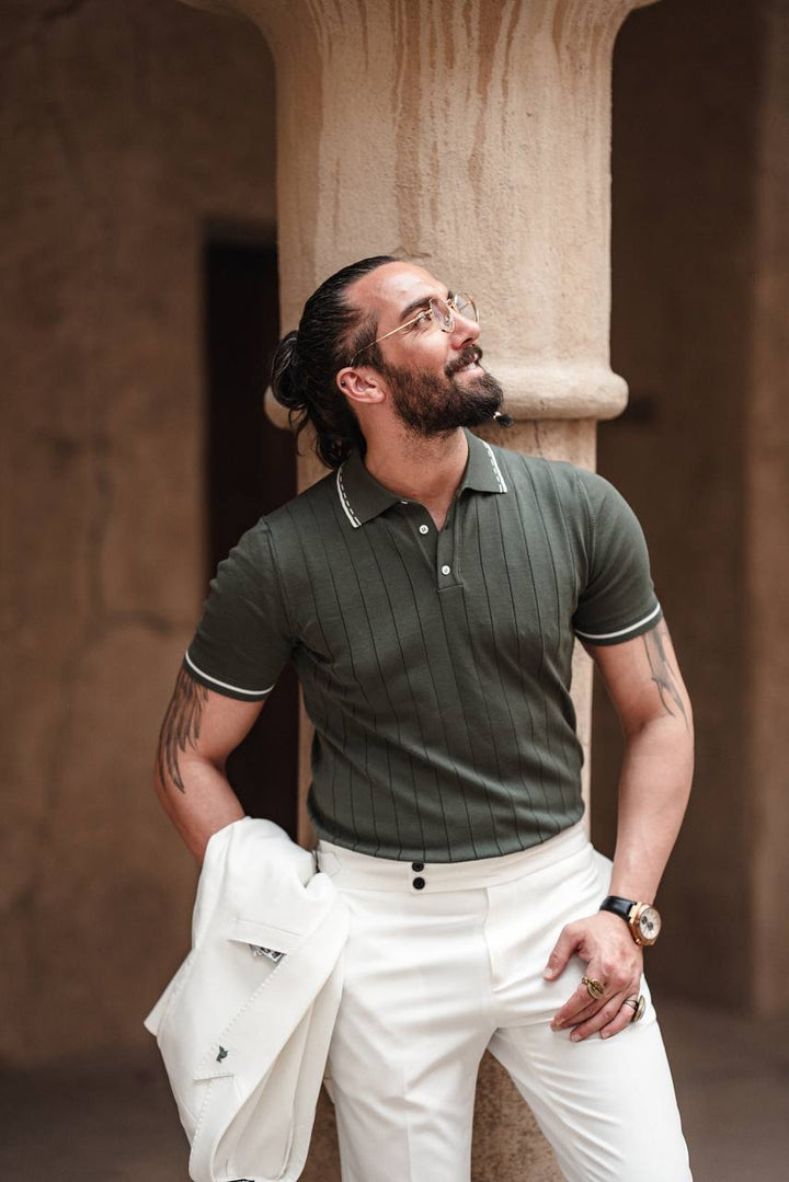 Polo Collar Knitwear : Self Patterned- Green
