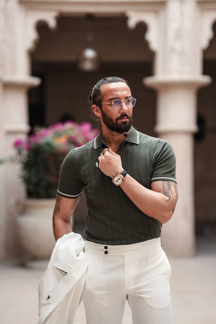 Polo Collar Knitwear : Self Patterned- Green