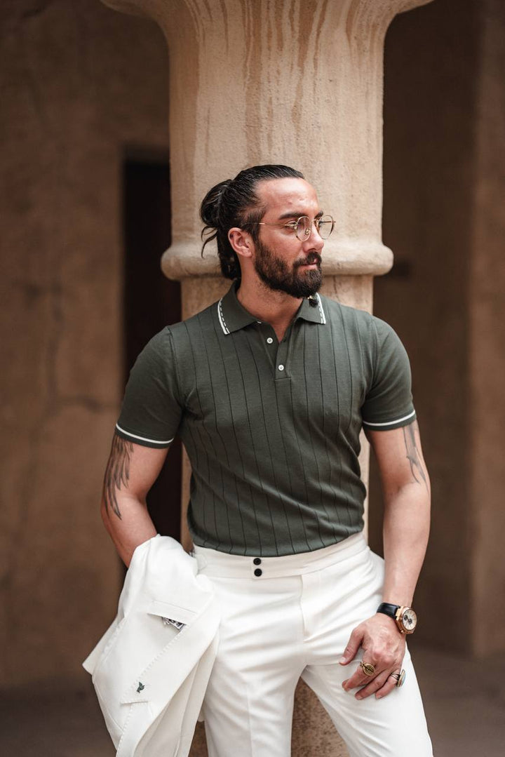 Polo Collar Knitwear : Self Patterned- Green
