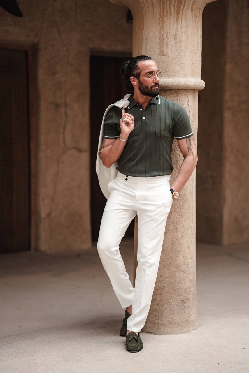 Polo Collar Knitwear : Self Patterned- Green