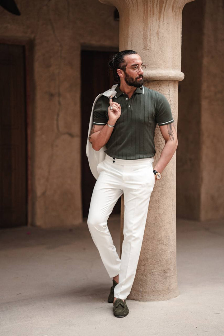 Polo Collar Knitwear : Self Patterned- Green