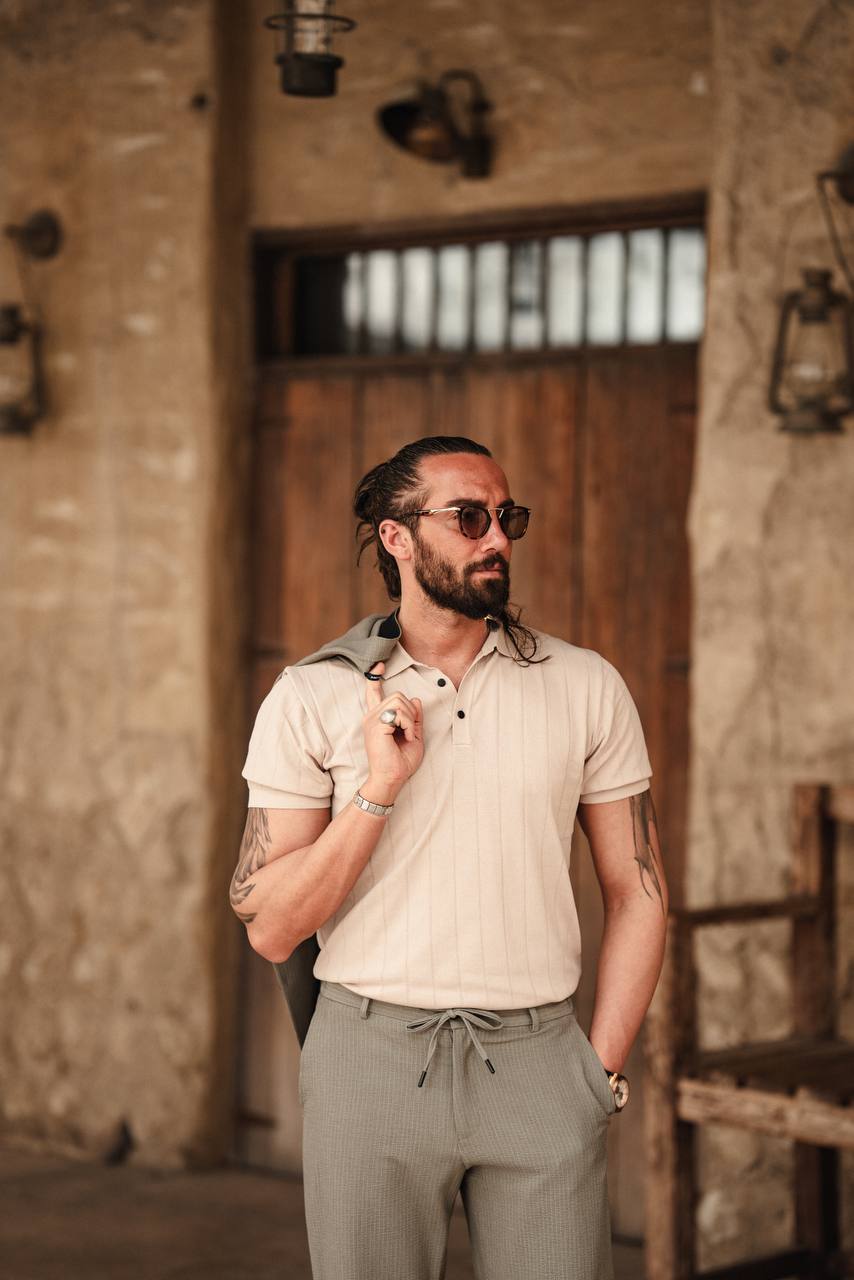 Self Patterned Polo Collar Knitwear - Beige
