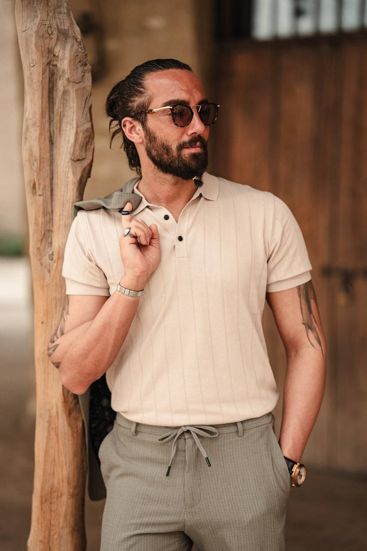 Self Patterned Polo Collar Knitwear - Beige