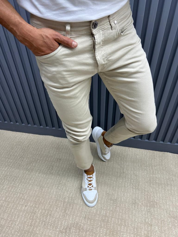 Slim Fit Jeans With Side Pockets - Beige