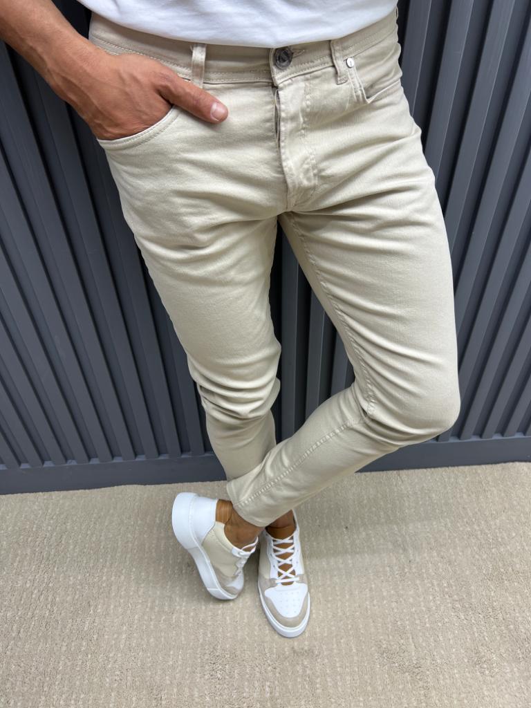 Slim Fit Jeans With Side Pockets - Beige