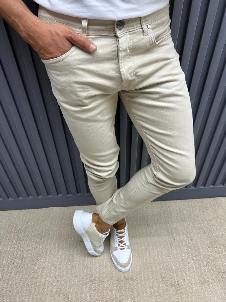 Slim Fit Jeans With Side Pockets - Beige