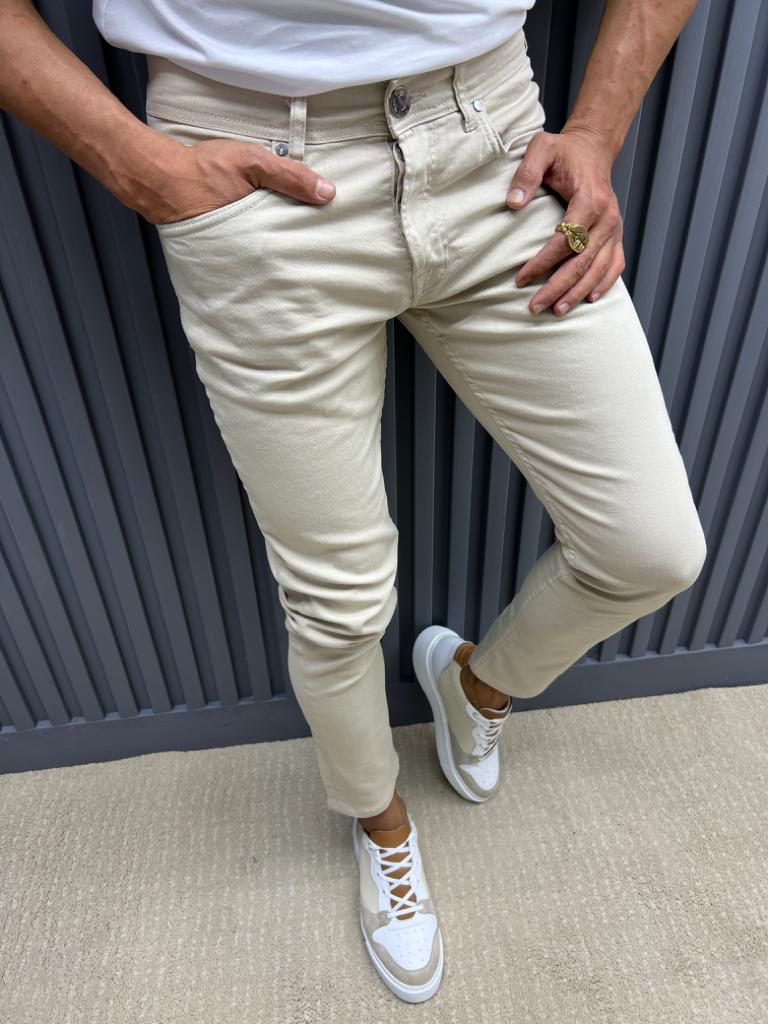 Slim Fit Jeans With Side Pockets - Beige