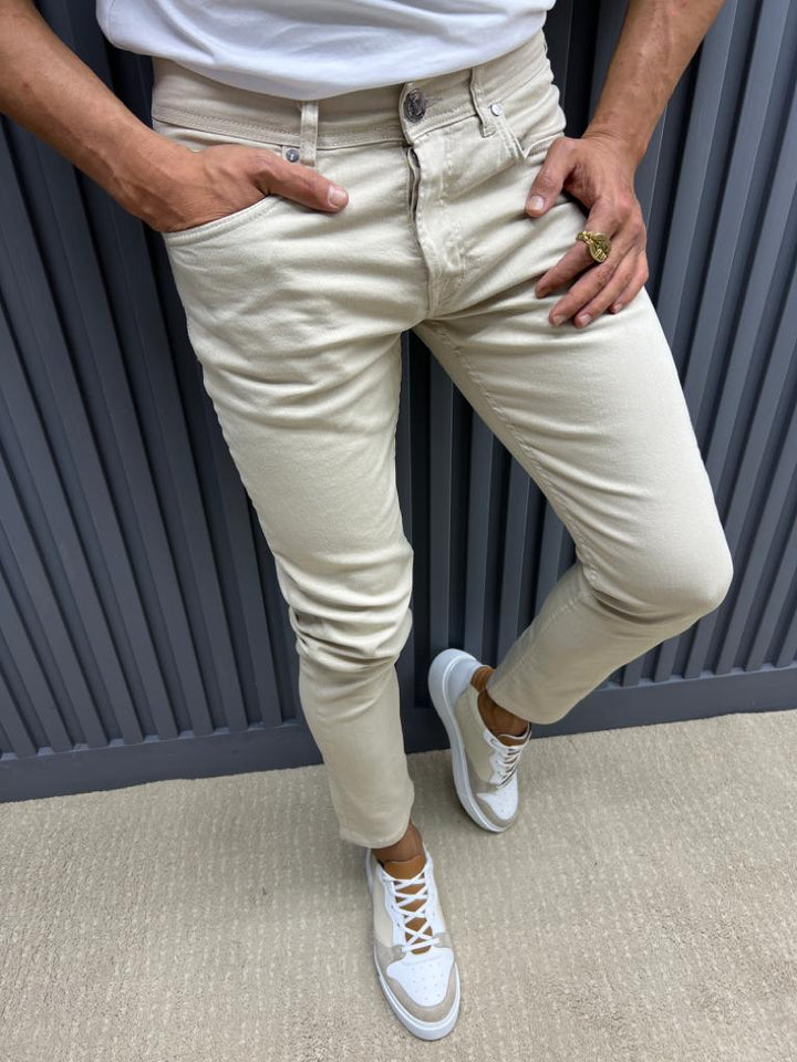 Slim Fit Jeans With Side Pockets - Beige