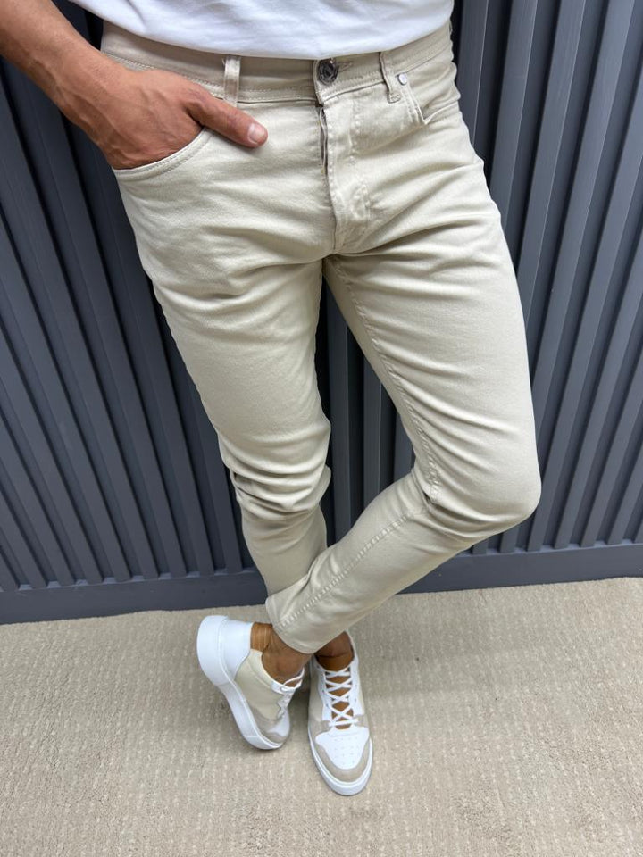 Slim Fit Jeans With Side Pockets - Beige