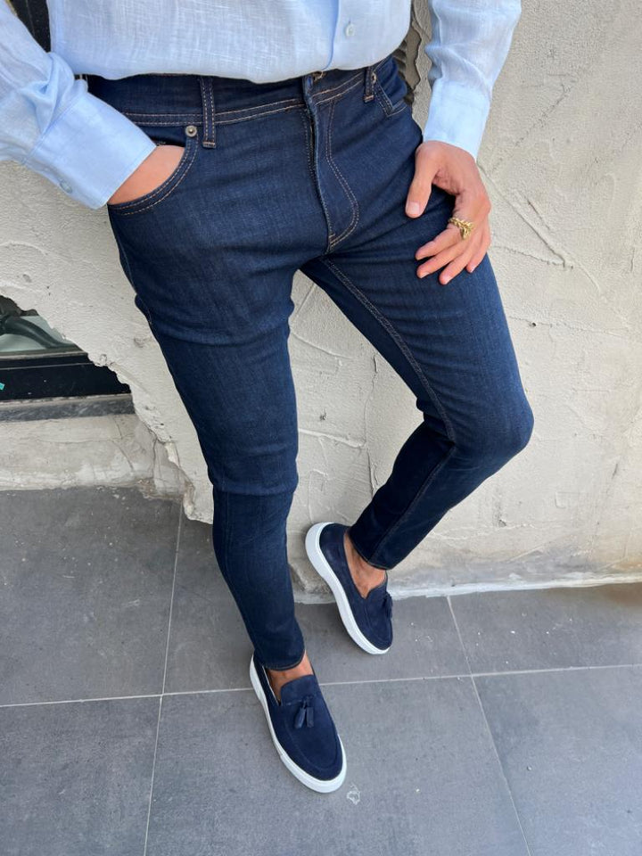 Slim Fit Jeans With Side Pockets -  Navy Blue