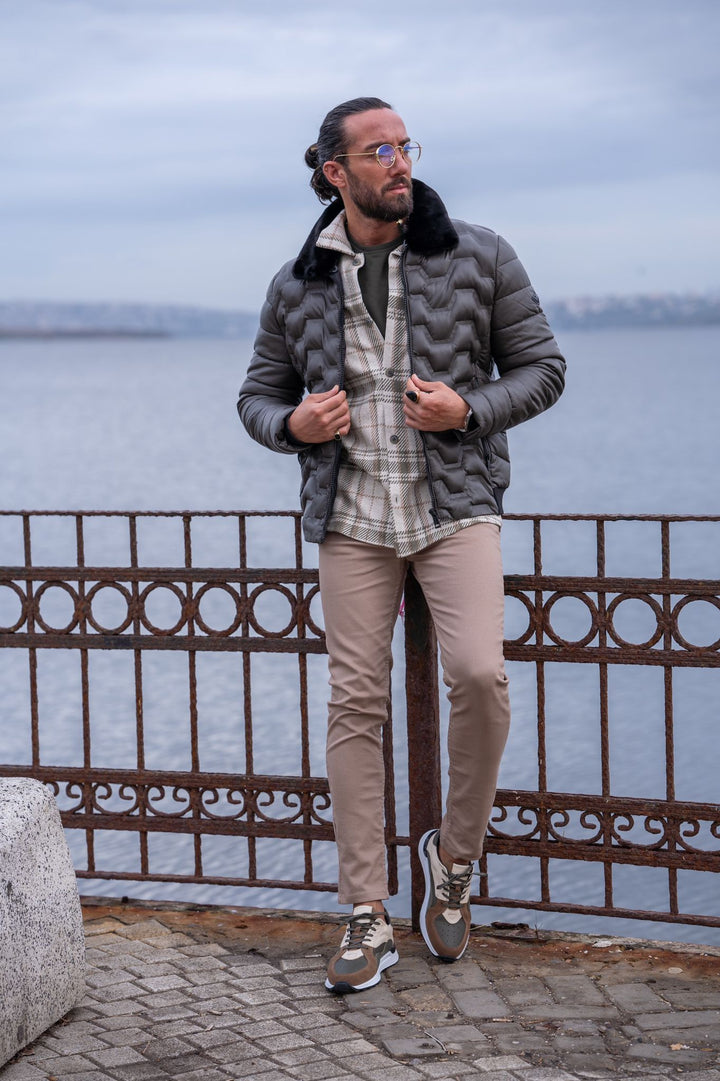 Slim Fit Special Design Capitone Coat - Khaki