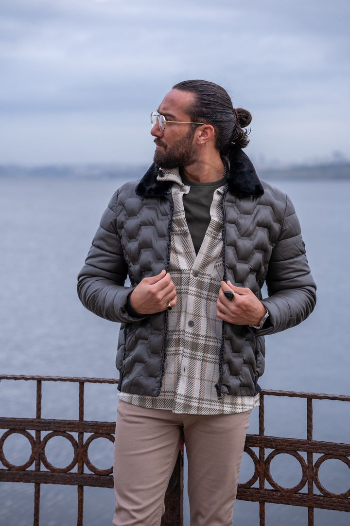 Slim Fit Special Design Capitone Coat - Khaki