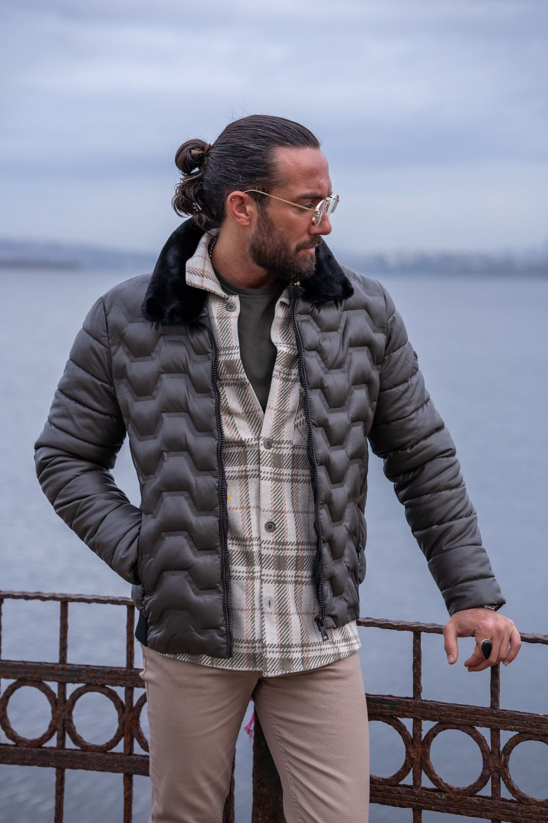 Slim Fit Special Design Capitone Coat - Khaki