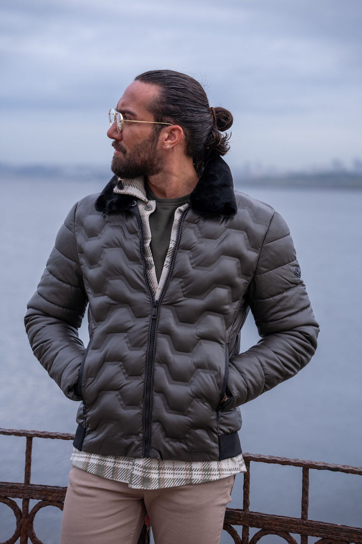 Slim Fit Special Design Capitone Coat - Khaki