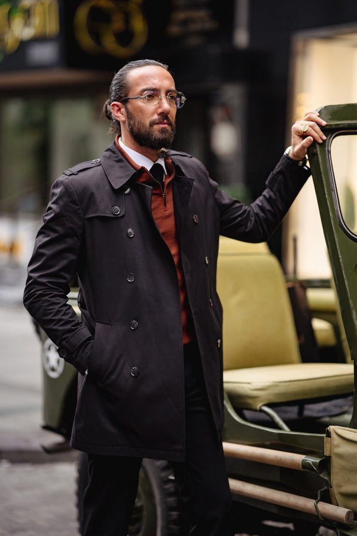 Slim Fit Special Design Wide Collar Trench Coat - Black