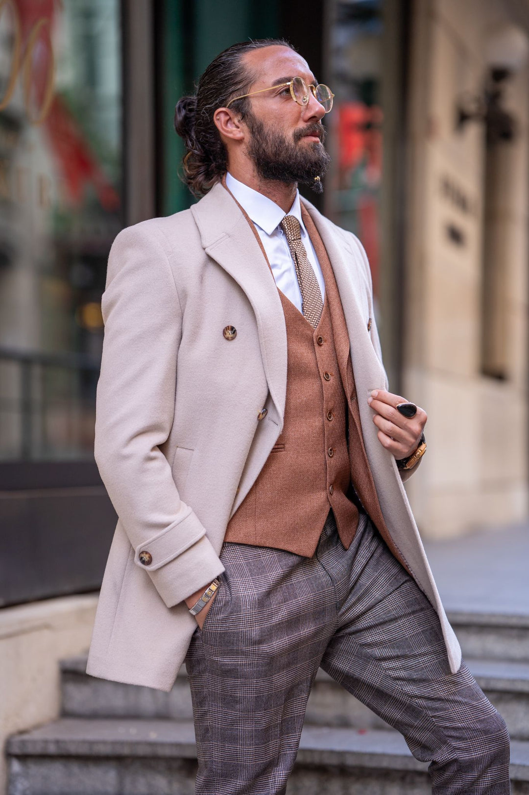 Special Design Slim Fit Double Breasted Cashmere Coat - Beıge