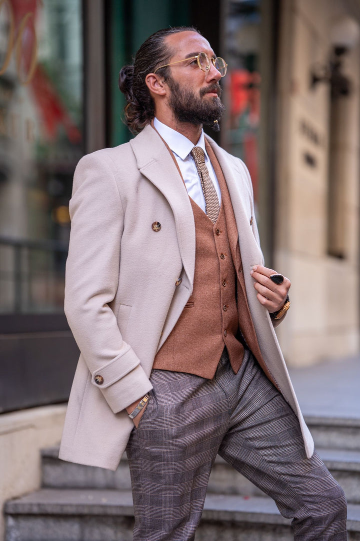 Special Design Slim Fit Double Breasted Cashmere Coat - Beıge