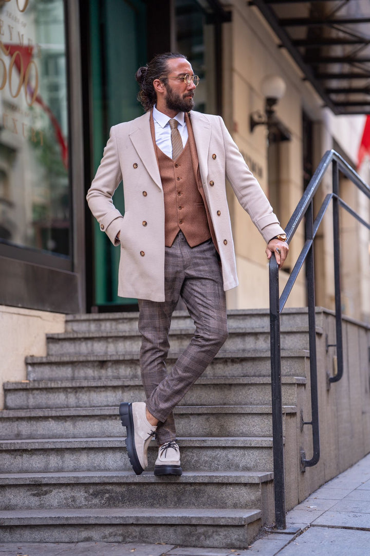 Special Design Slim Fit Double Breasted Cashmere Coat - Beıge