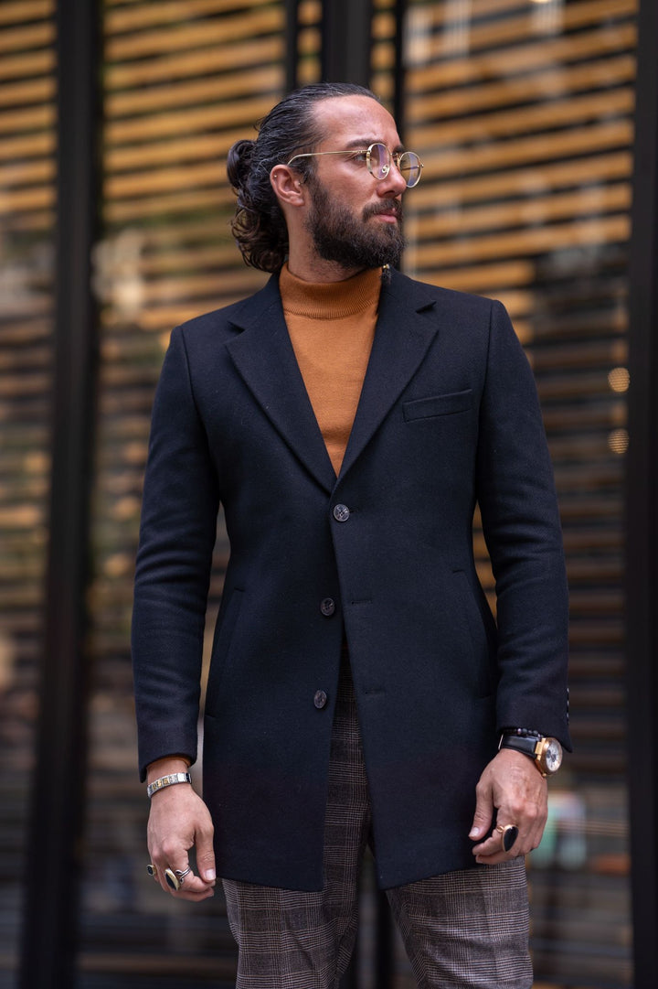 Special Design Slim Fit Double Breasted Cashmere Coat - Black