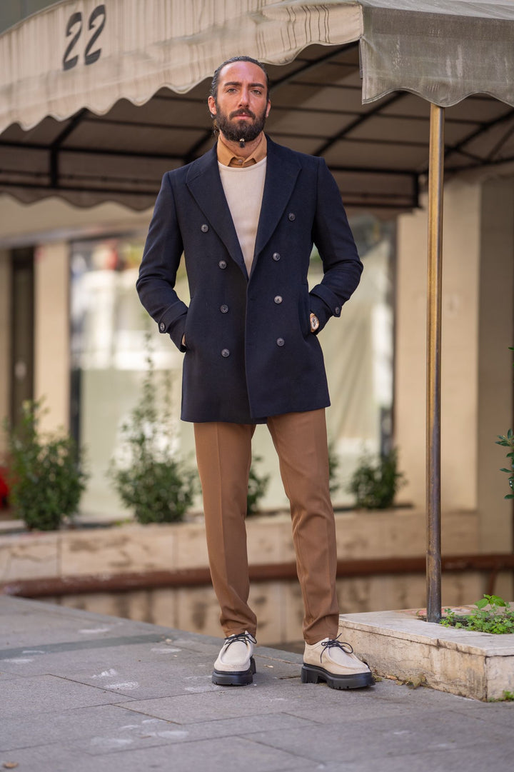 Special Design Slim Fit Double Breasted Cashmere Coat - Black