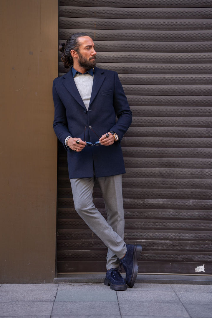 Special Design Slim Fit Double Breasted Cashmere Coat - Navy Blue