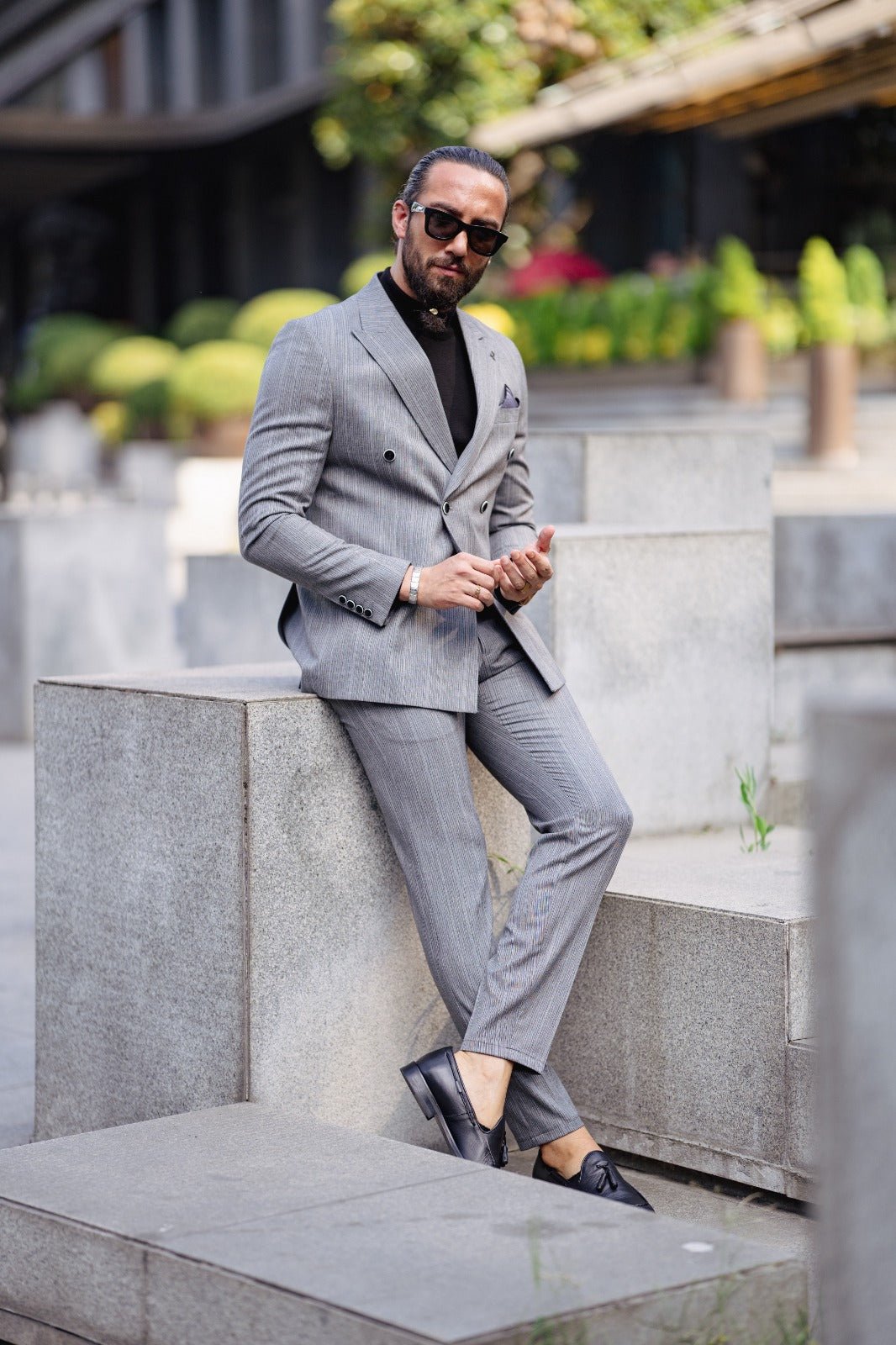 Special Design Slim Fit Double Breasted Suit - Grey