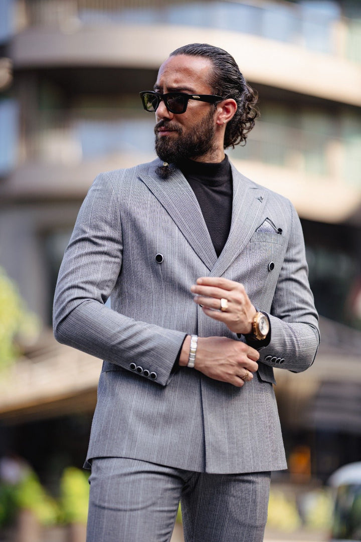 Special Design Slim Fit Double Breasted Suit - Grey
