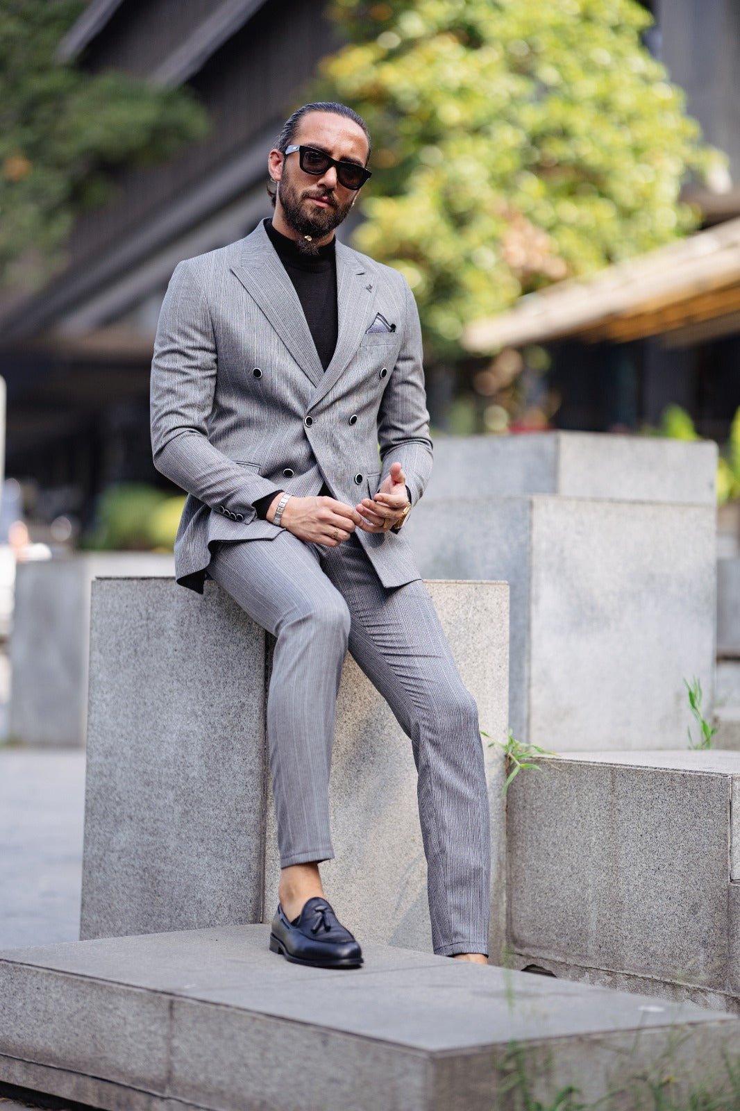 Special Design Slim Fit Double Breasted Suit - Grey