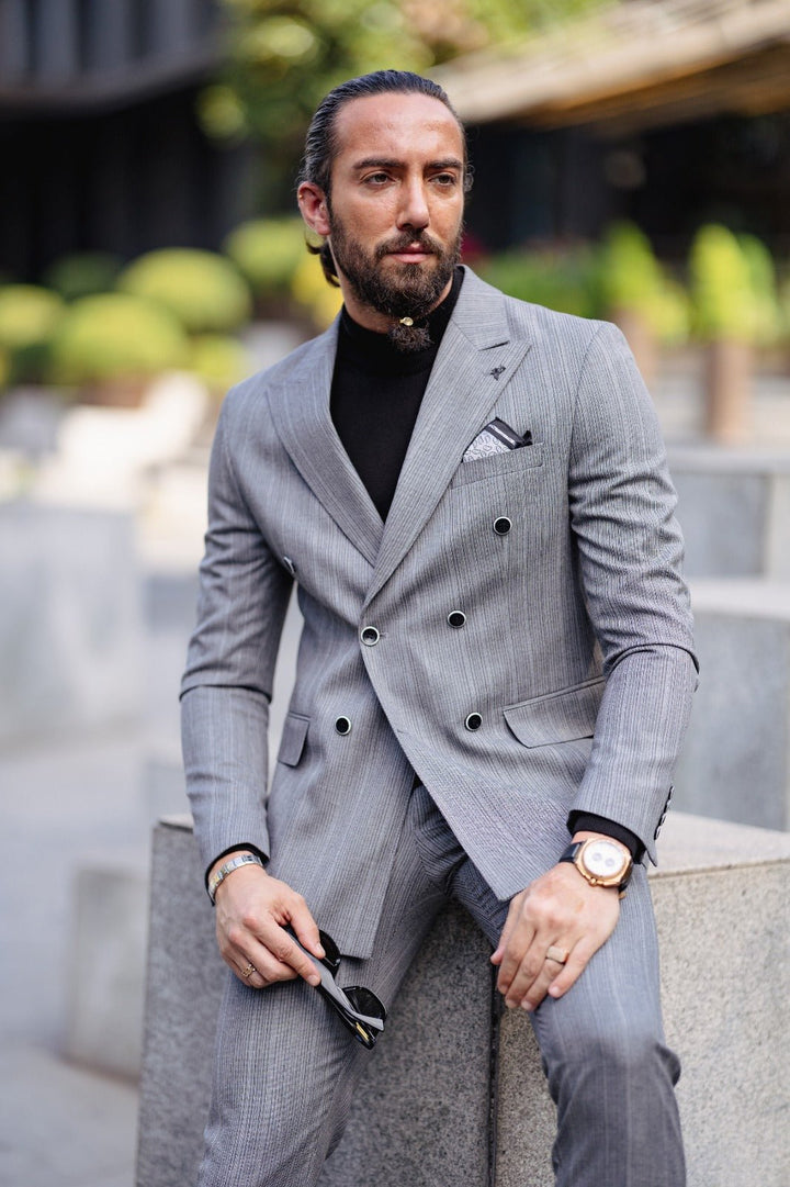 Special Design Slim Fit Double Breasted Suit - Grey