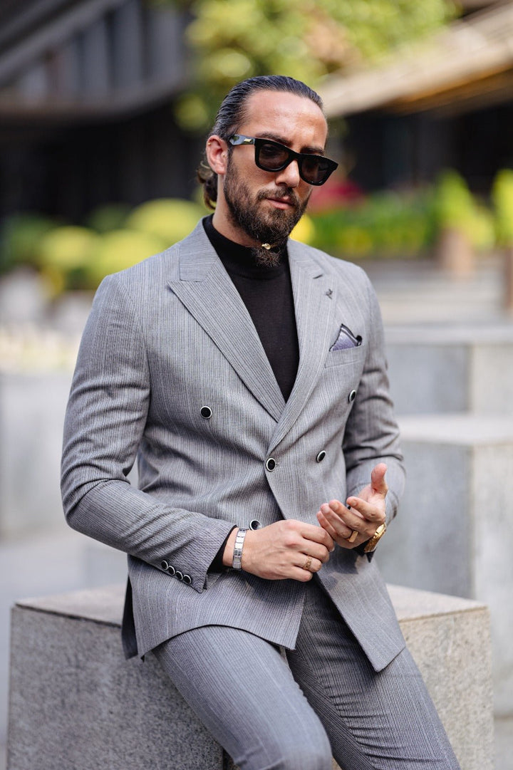 Special Design Slim Fit Double Breasted Suit - Grey