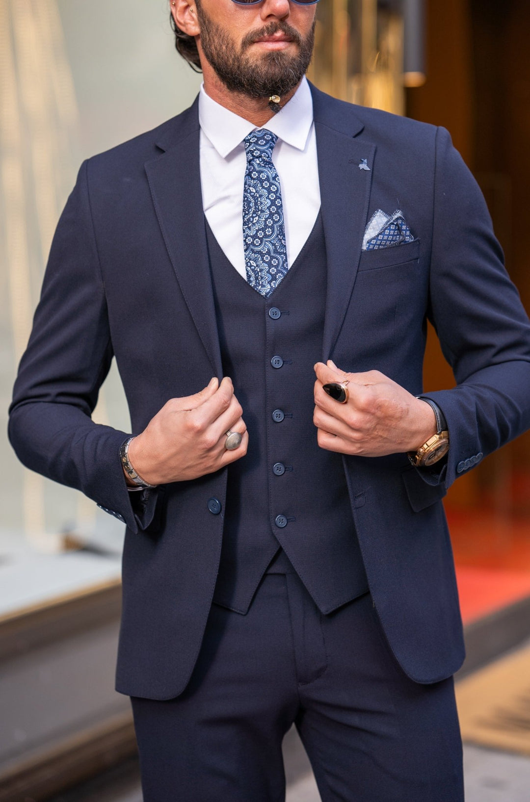 Special Design Slim Fit Lycra Fabric Plain Suit - Navy Blue