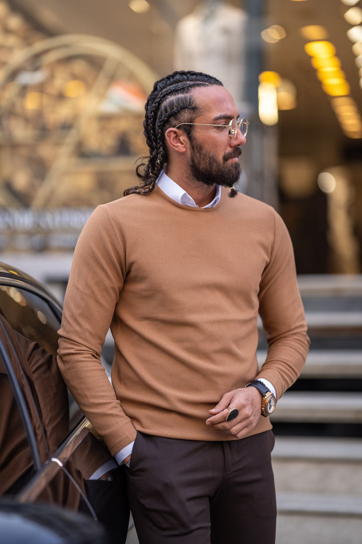 Special Design Slim Fit Self-patterned Knitwear - Camel