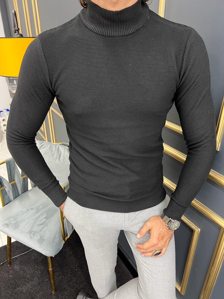 Custom Design Half Collar Turtleneck Sweater -   Black