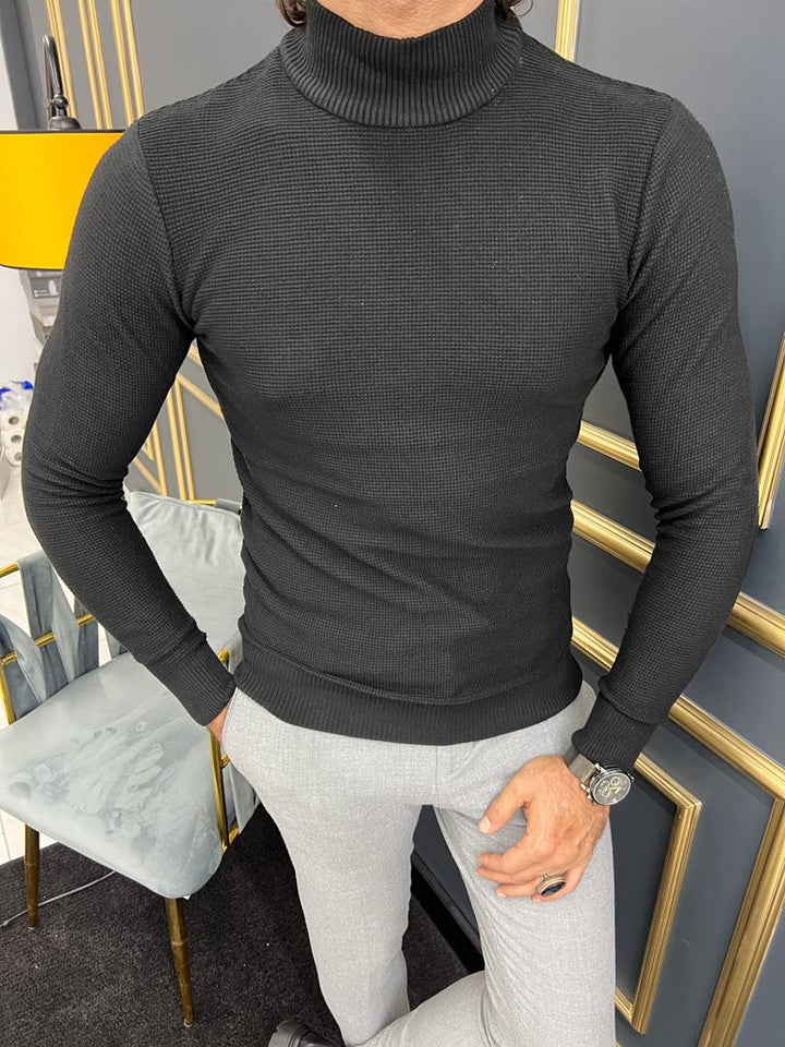 Custom Design Half Collar Turtleneck Sweater -   Black