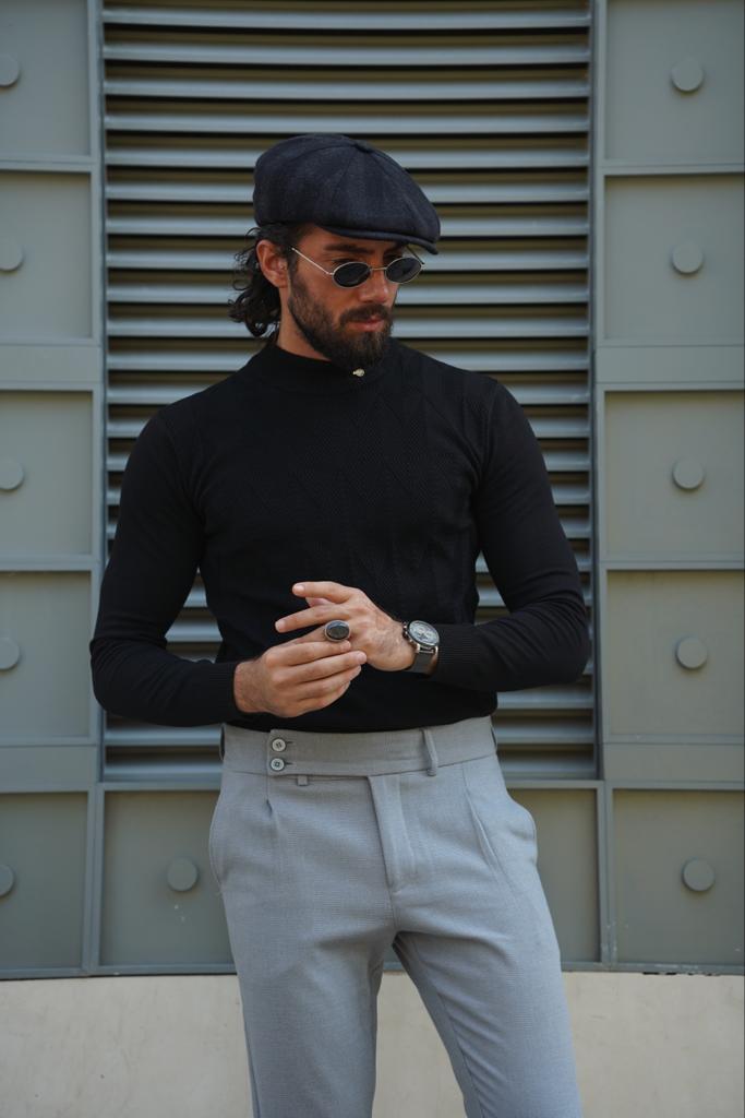 Custom Design Half Collar Turtleneck Sweater - Black