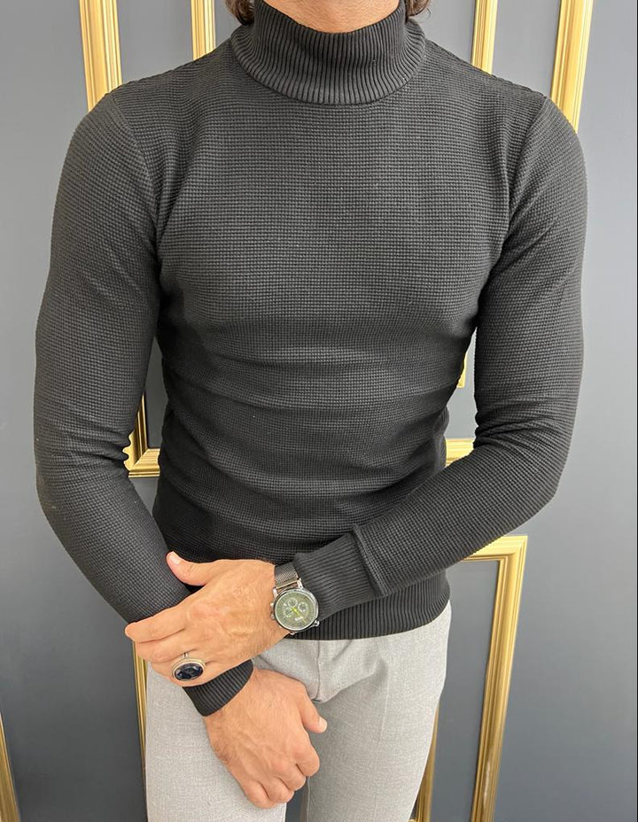 Custom Design Half Collar Turtleneck Sweater -   Black