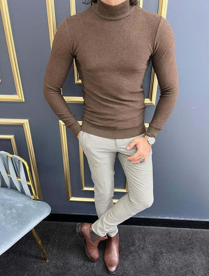 Custom Design Half Collar Turtleneck Sweater -  Brown