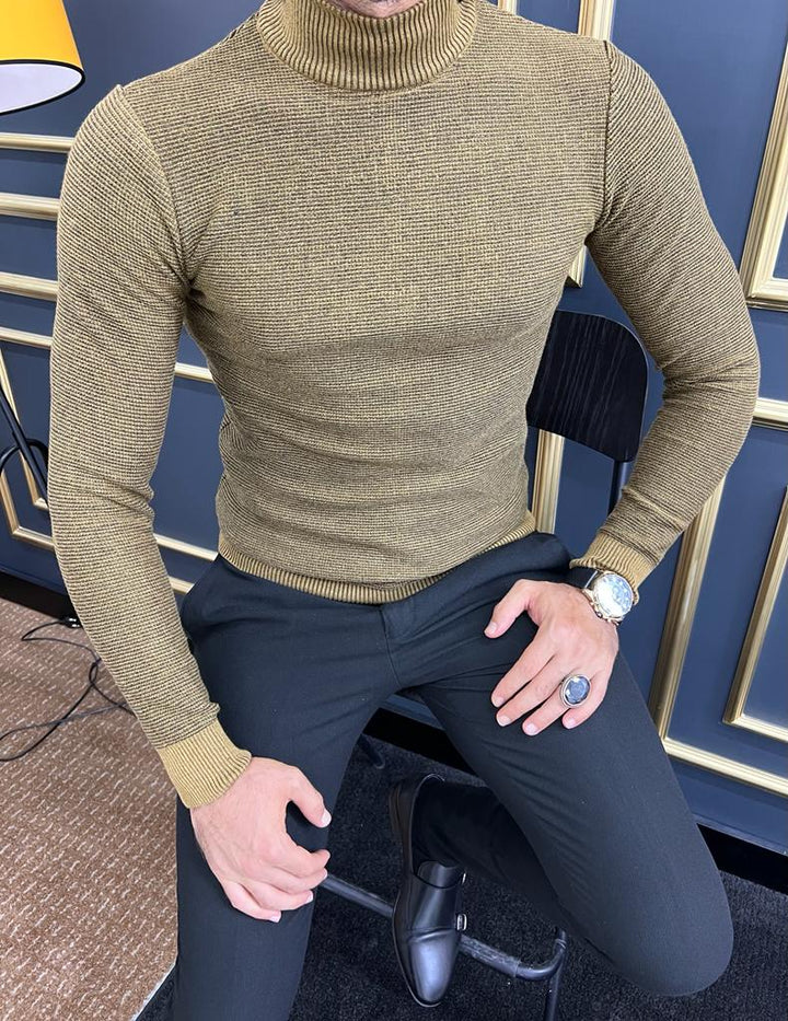 Custom Design Half Collar Turtleneck Sweater -  Camel