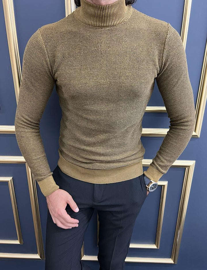 Custom Design Half Collar Turtleneck Sweater -  Camel