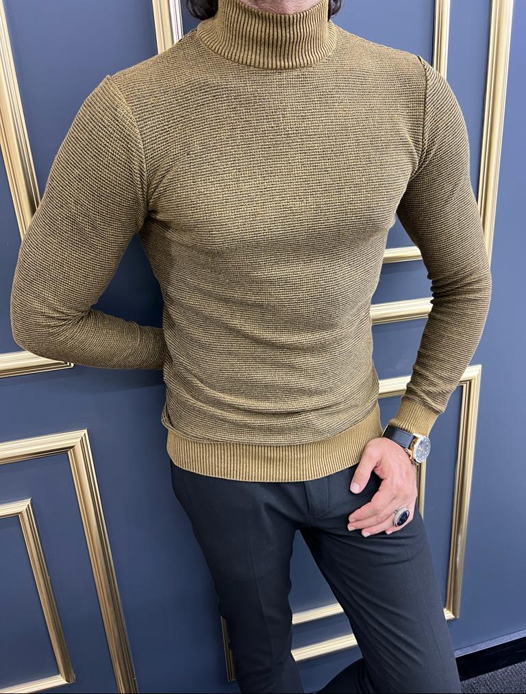 Custom Design Half Collar Turtleneck Sweater -  Camel