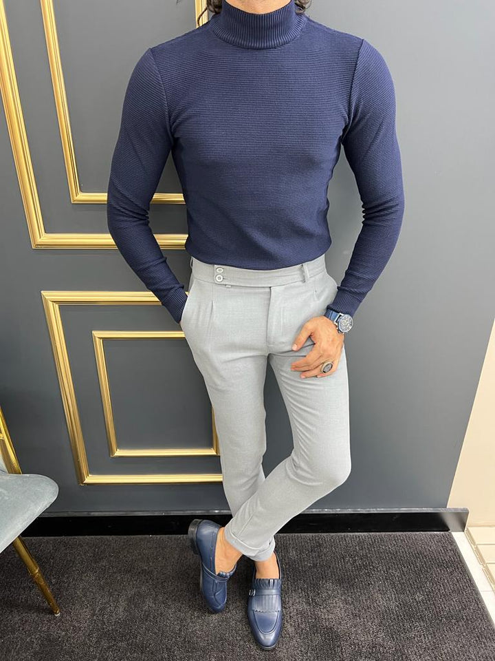 Custom Design Half Collar Turtleneck Sweater -   Dark blue