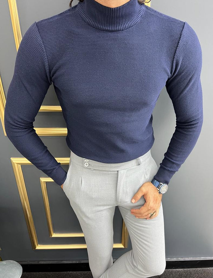 Custom Design Half Collar Turtleneck Sweater -   Dark blue
