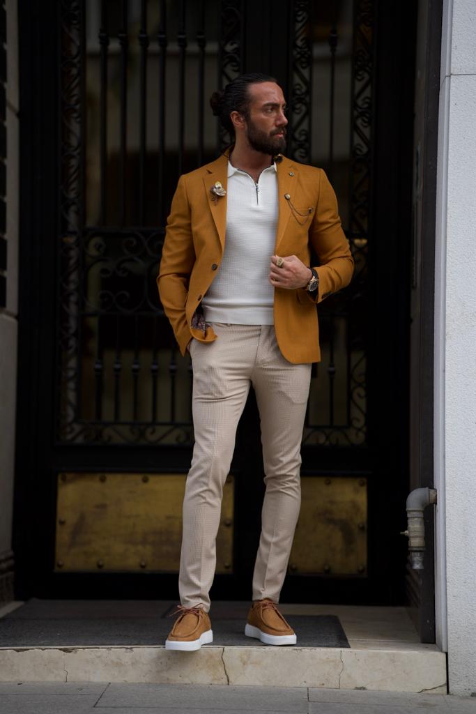 Slim Fit Mono Collar Bleazer Jacket-Camel