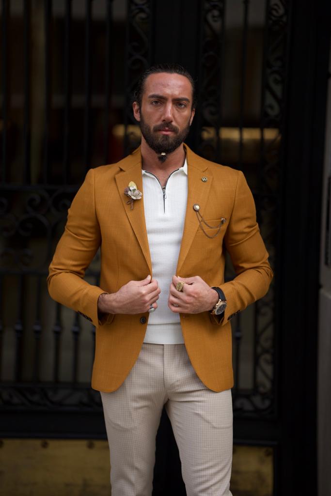 Slim Fit Mono Collar Bleazer Jacket-Camel