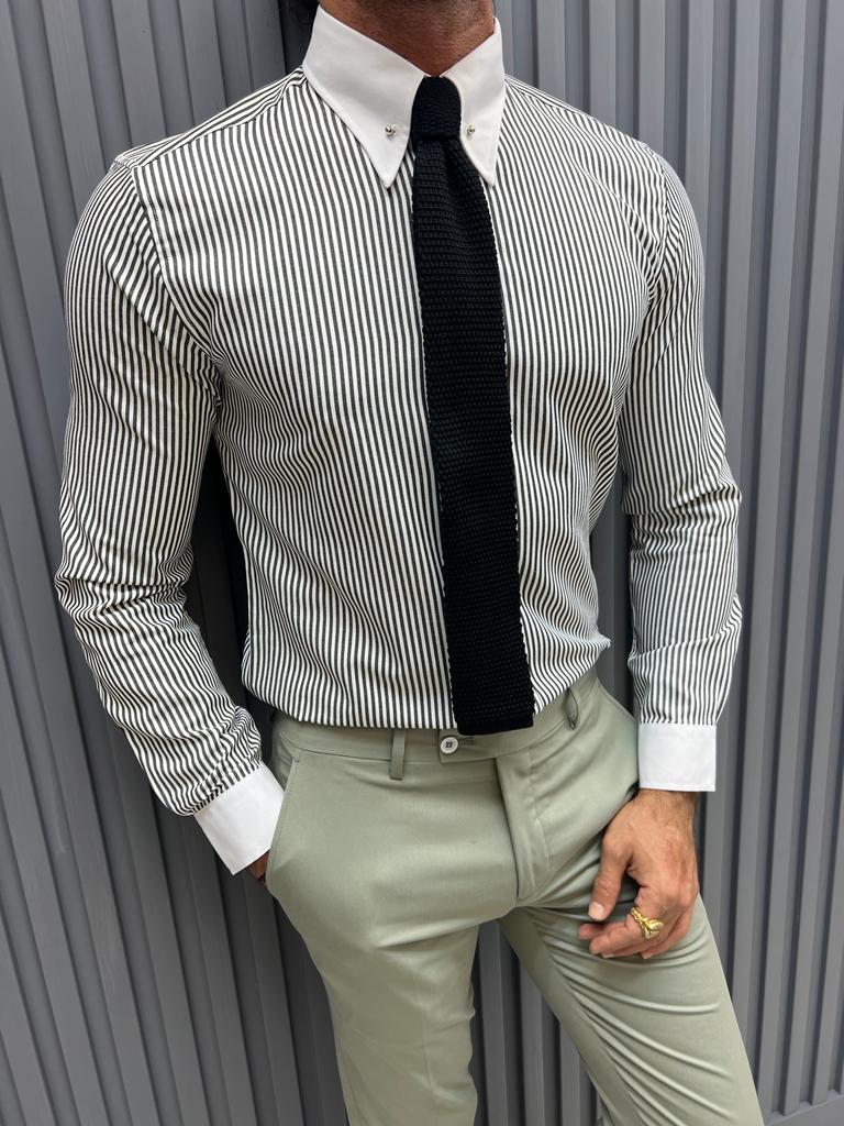 Striped Chain Collar Detailed Shirt- Grey